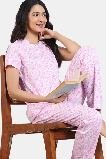 Buy Zivame Basics Knit Cotton Pyjama Set - Cream Pink